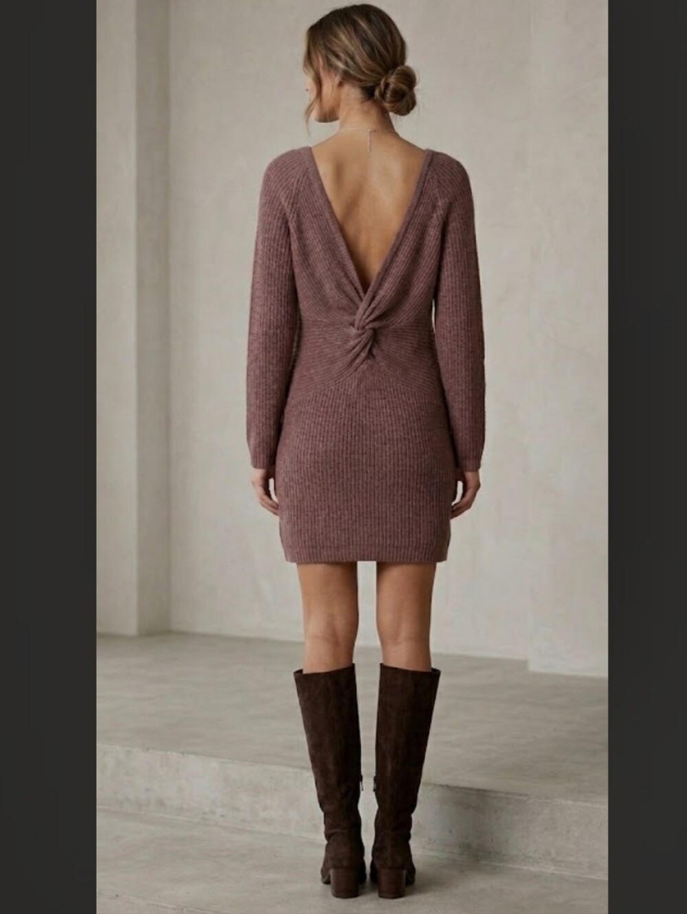 Aerie Twist Back Rib Knit Long Sleeve Mauve Brown Oversized Sweater Dress